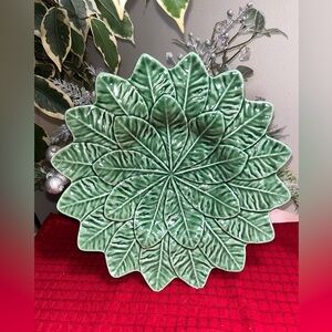 Vintage Portugese Green Leaf Design Dish Platter Plate Ceramic